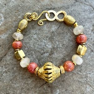 Boho Bracelet Vintage Sponge Coral, Rutilated Quartz, African Lost Wax Brass
